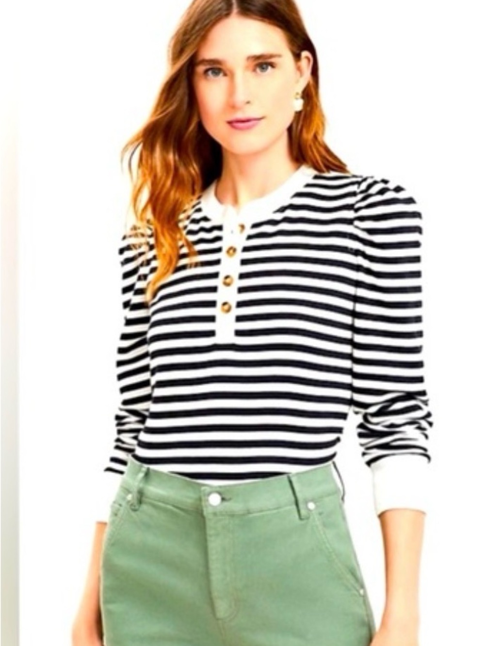 Loft Striped Long-Sleeve Henley Top - Black & White